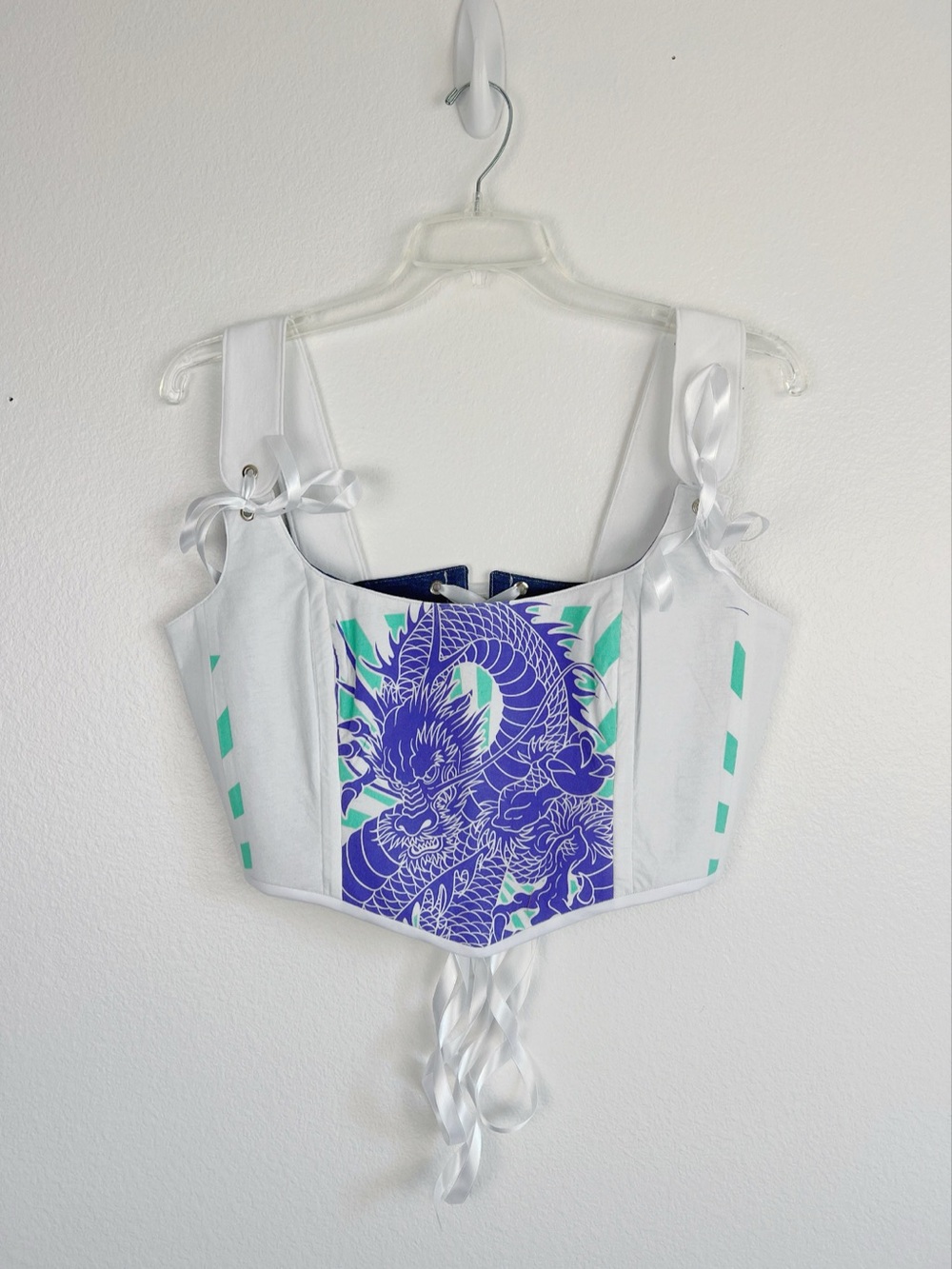 Handmade White Dragon Graphic Corset Top Ribbon Ties OOAK